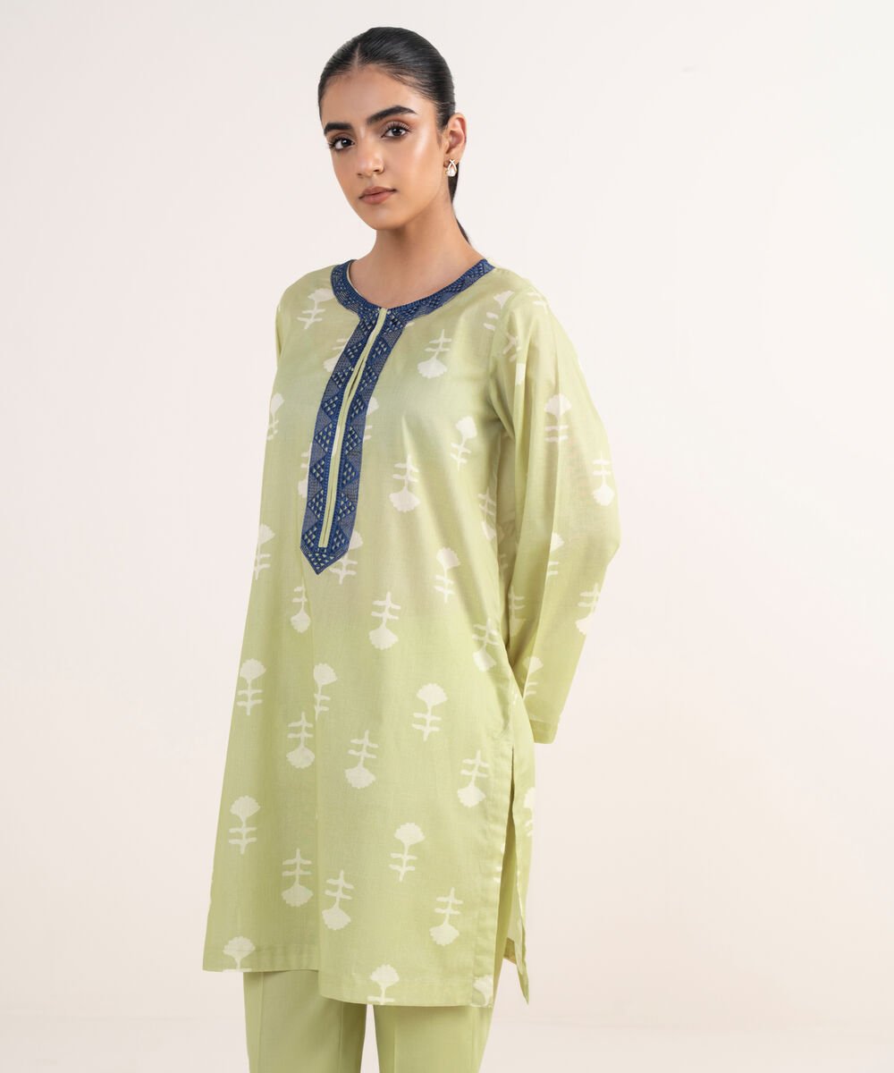Women's RTW Lawn Green Embroidered Straight Shirt