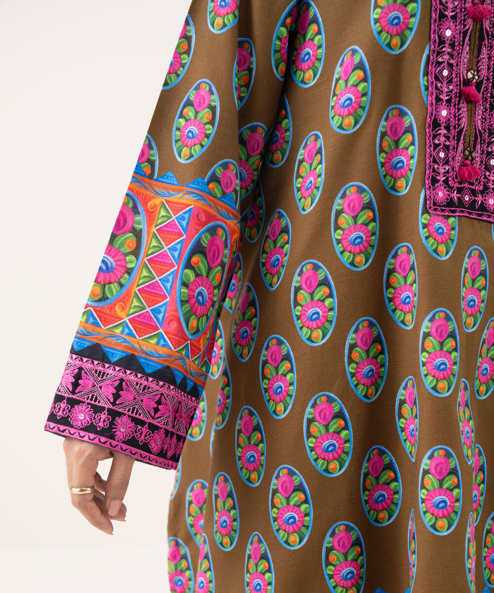 Women's RTW Light Khaddar Embroidered Brown Straight Shirt