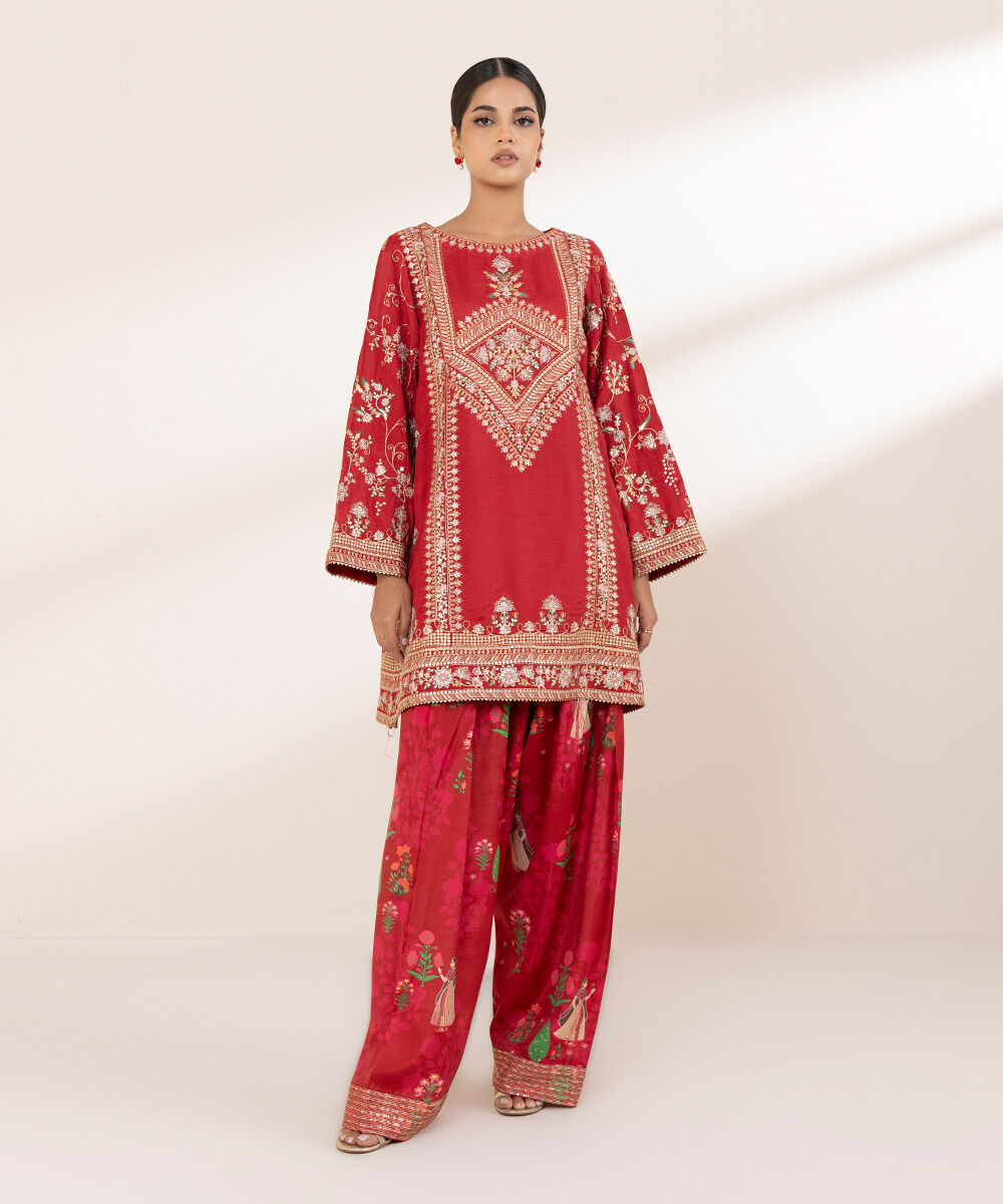 Women's RTW Viscose Raw Silk Red Embroidered Two Piece Suit