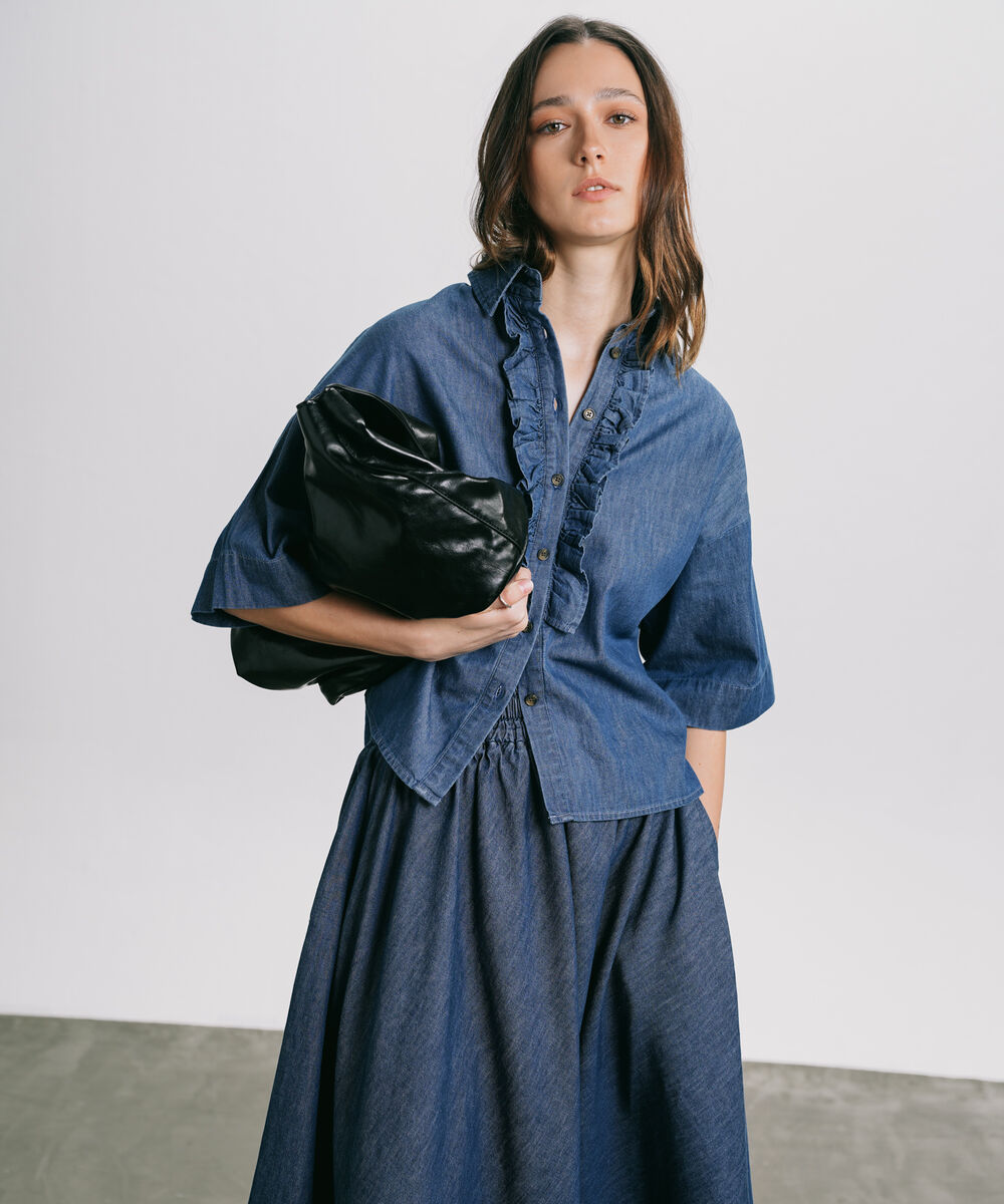 Women's Western Wear Blue Denim Shirt With Neck Frill