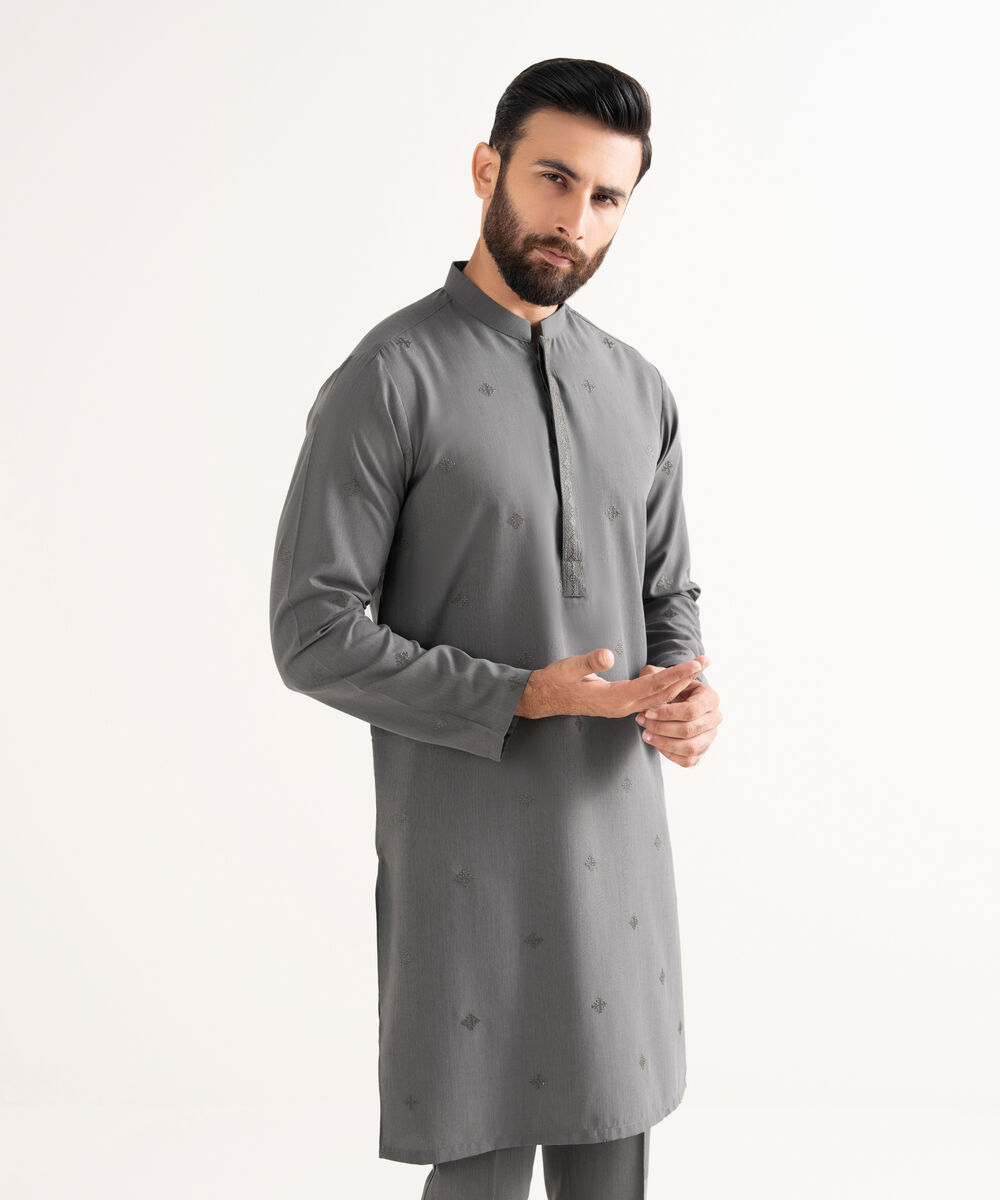 Men's Premium Wash And Wear Embroidered Charcoal Kurta Trouser