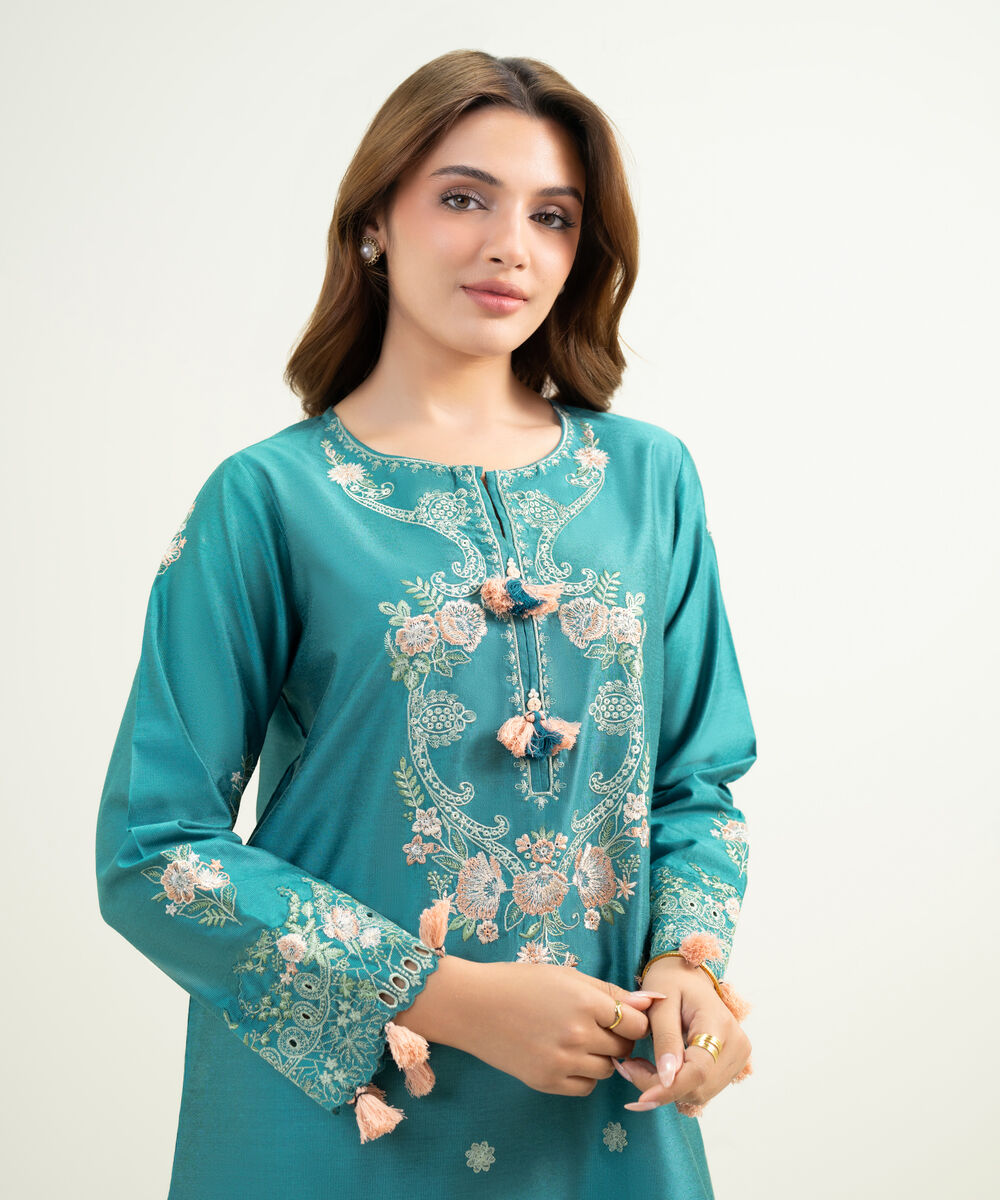 Women's RTW Silk Cotton Net Embroidered Teal 2 Piece Suit