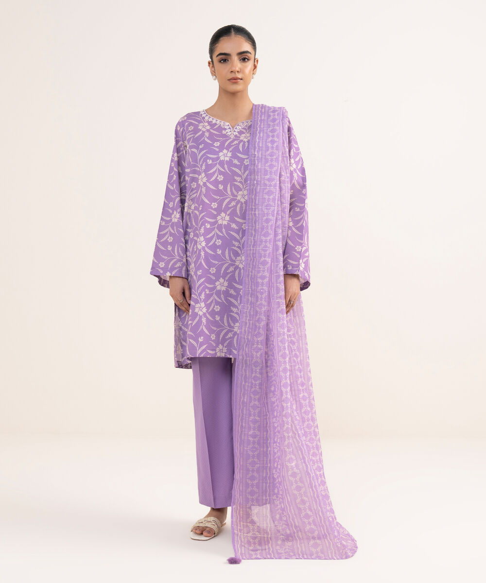 Women's RTW Textured Lawn Purple Embroidered A-Line Shirt