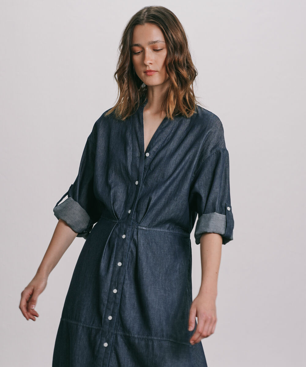 Women's Western Wear Blue Denim Dress With Waist Pleats