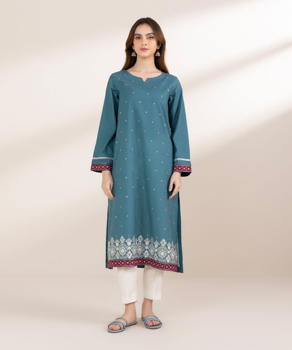 Women's Pret Cambric Green Embroidered Front Open Jacket