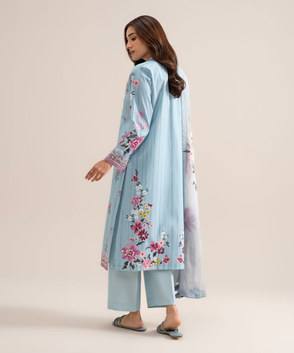Women's Unstitched Lawn Embroidered Blue  3 Piece Suit