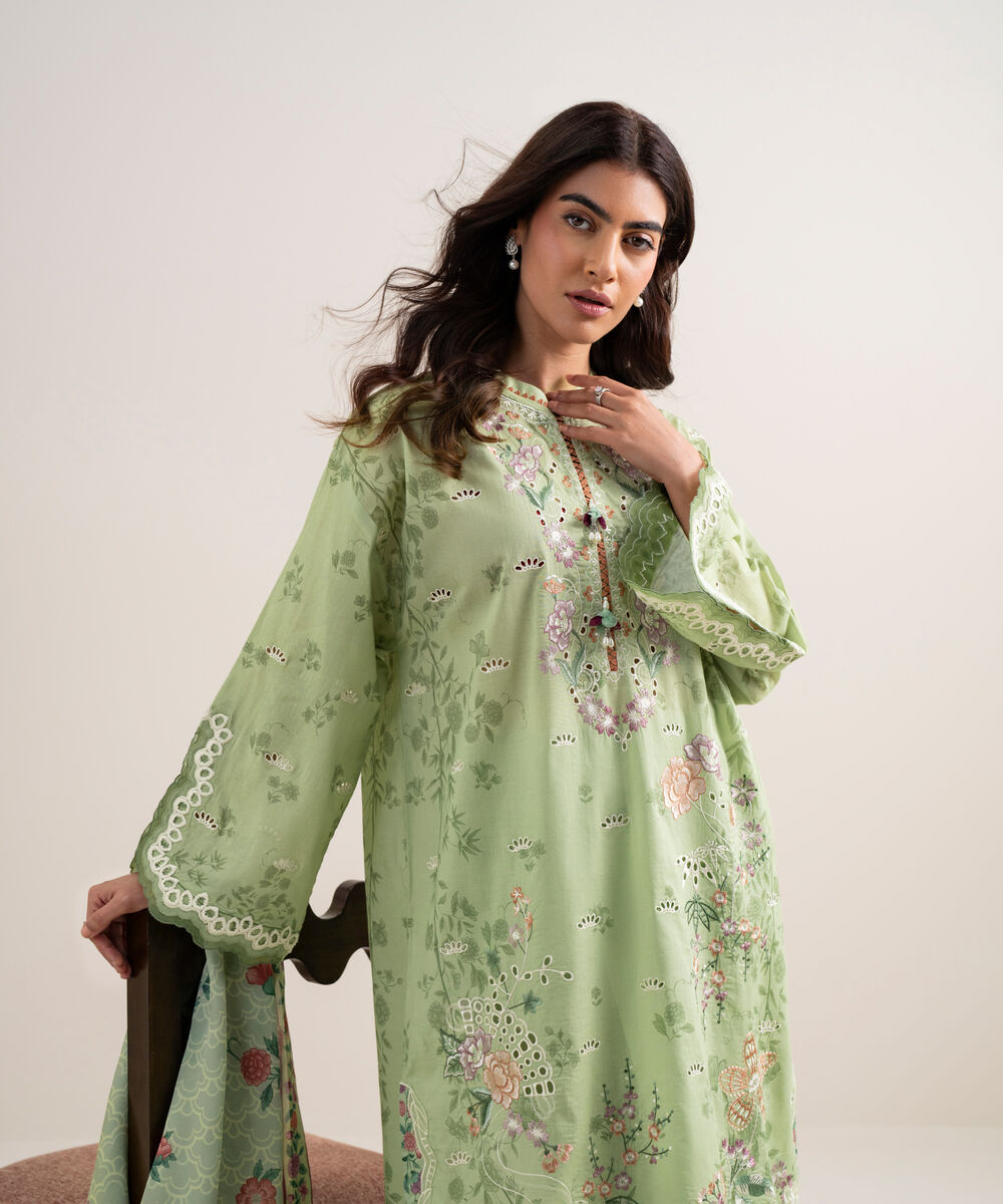 Women's Unstitched Lawn Embroidered Pistachio 3 Piece Suit