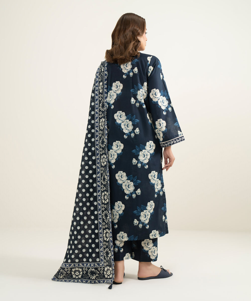 Women's RTW Slub Lawn Embroidered Blue 3 Piece Suit