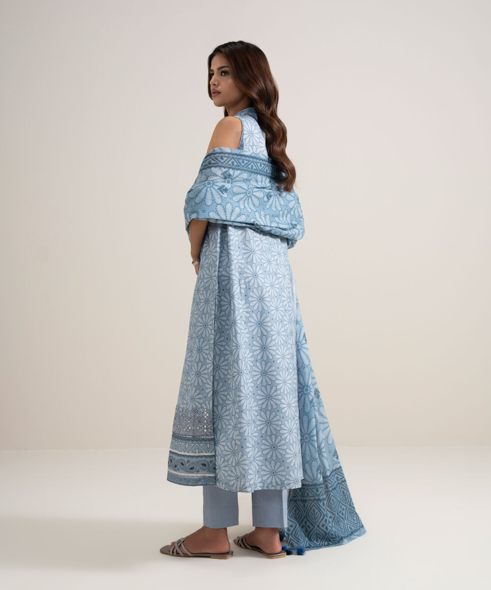 Women's Unstitched Lawn Embroidered Ice Blue 3 Piece Suit
