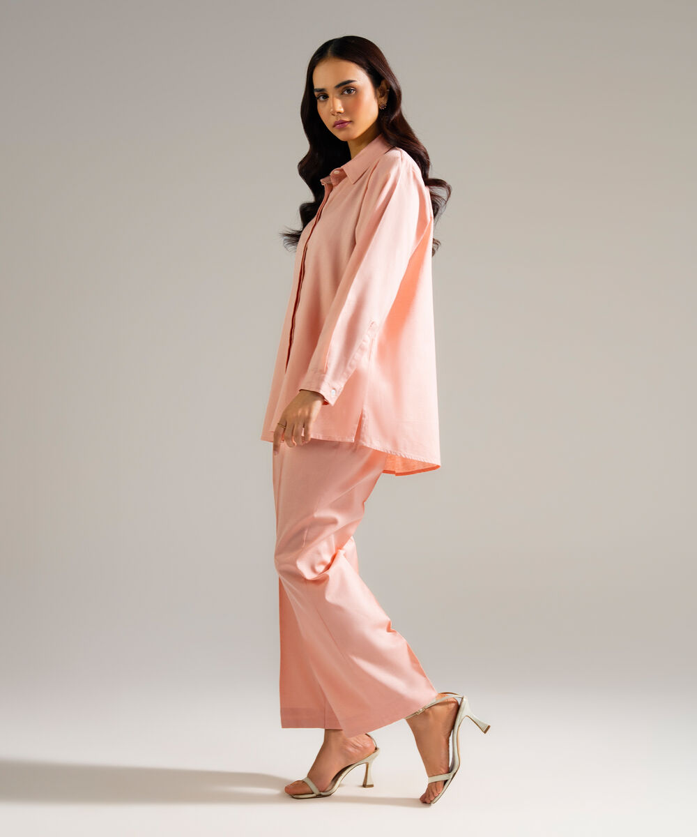 Women's RTW Cotton Linen Solid Pink 2 Piece Suit