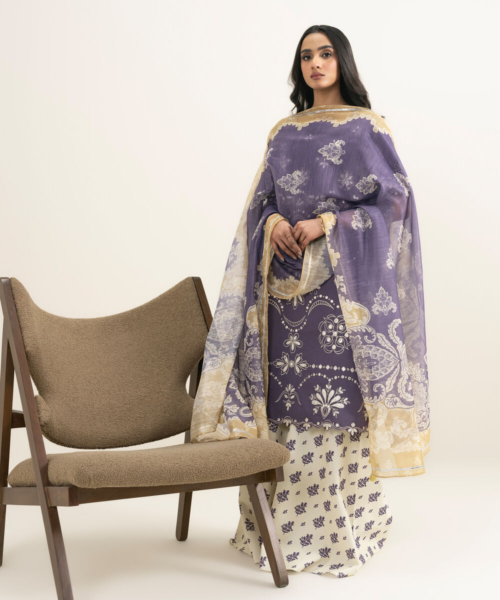 Women's Unstitched Textured Lawn Embroidered Grey 3 Piece Suit