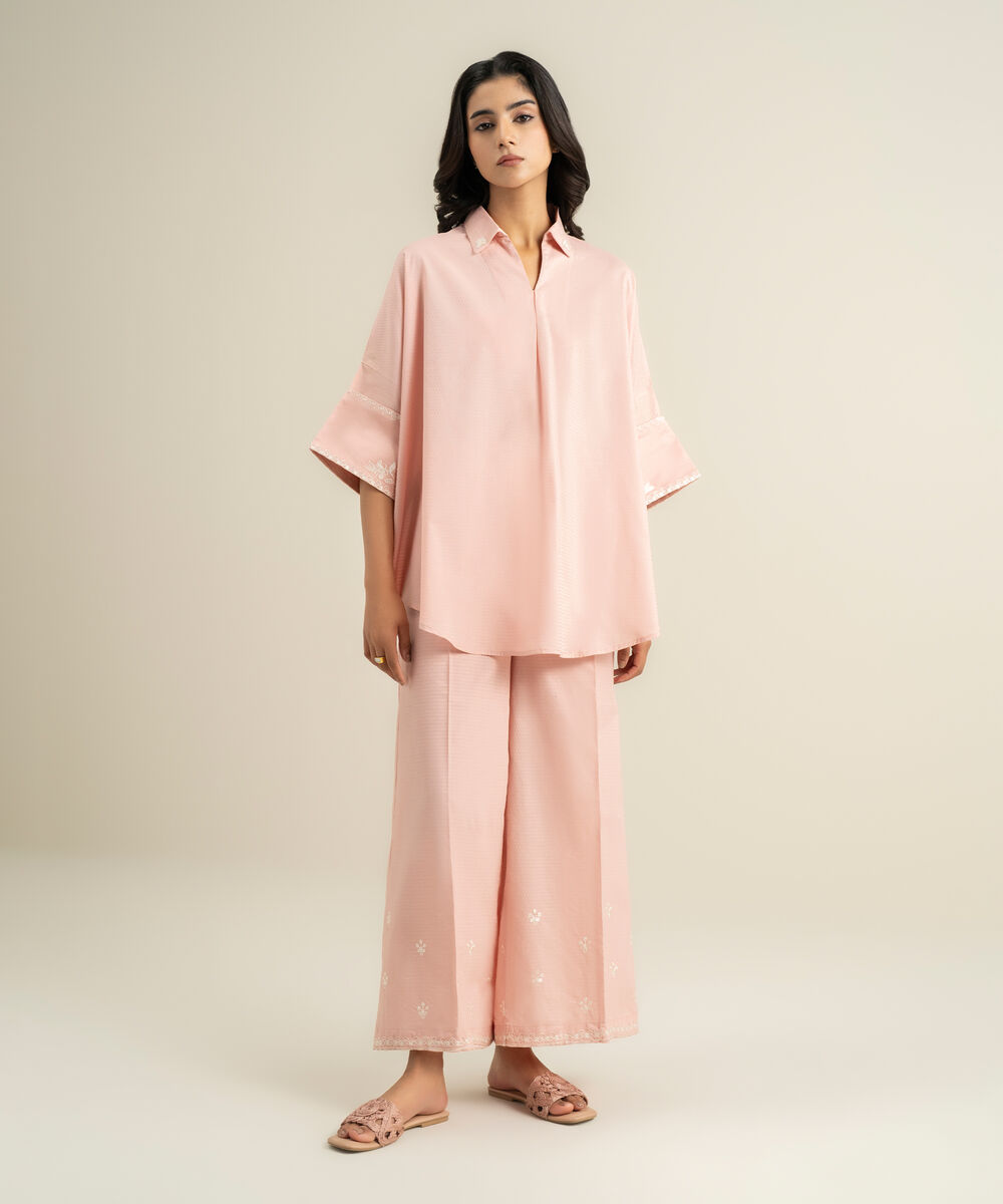 Women's RTW Dobby Embroidered Pink Drop Shoulder Shirt