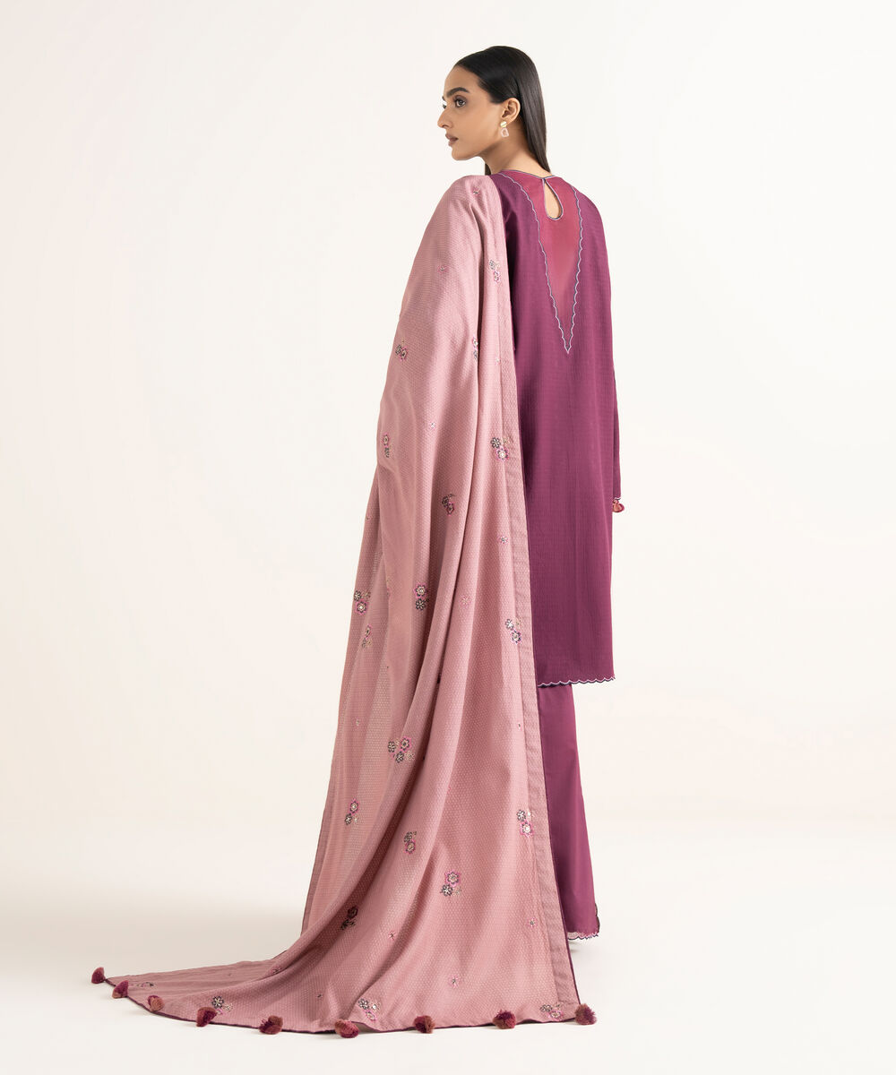 Women's Unstitched Dobby Embroidered Purple 3 Piece Suit