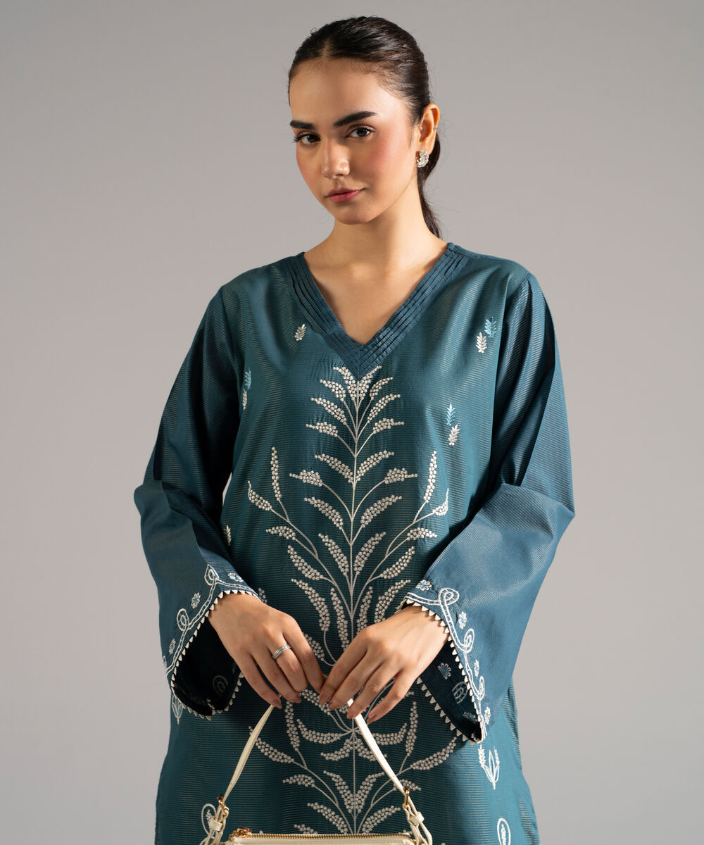Women's RTW Zari Lawn Embroidered Green Straight Shirt