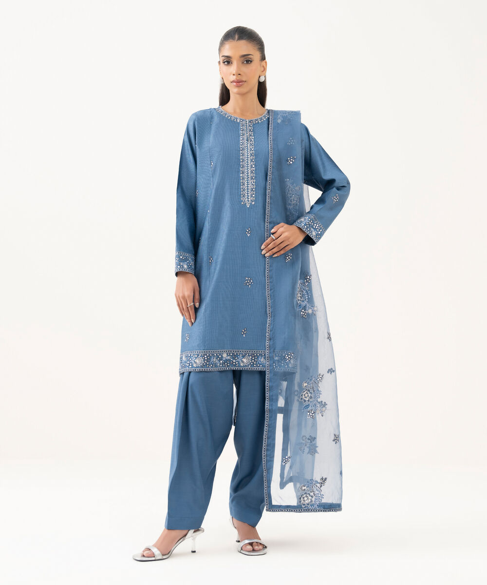 Women's RTW Blended Silk Cotton Net Embroidered Blue Three Piece Suit