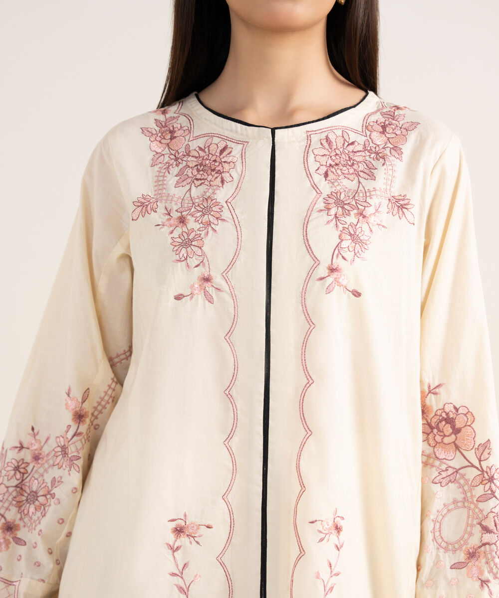 Women's RTW Textured Lawn Off White Embroidered A-Line Shirt