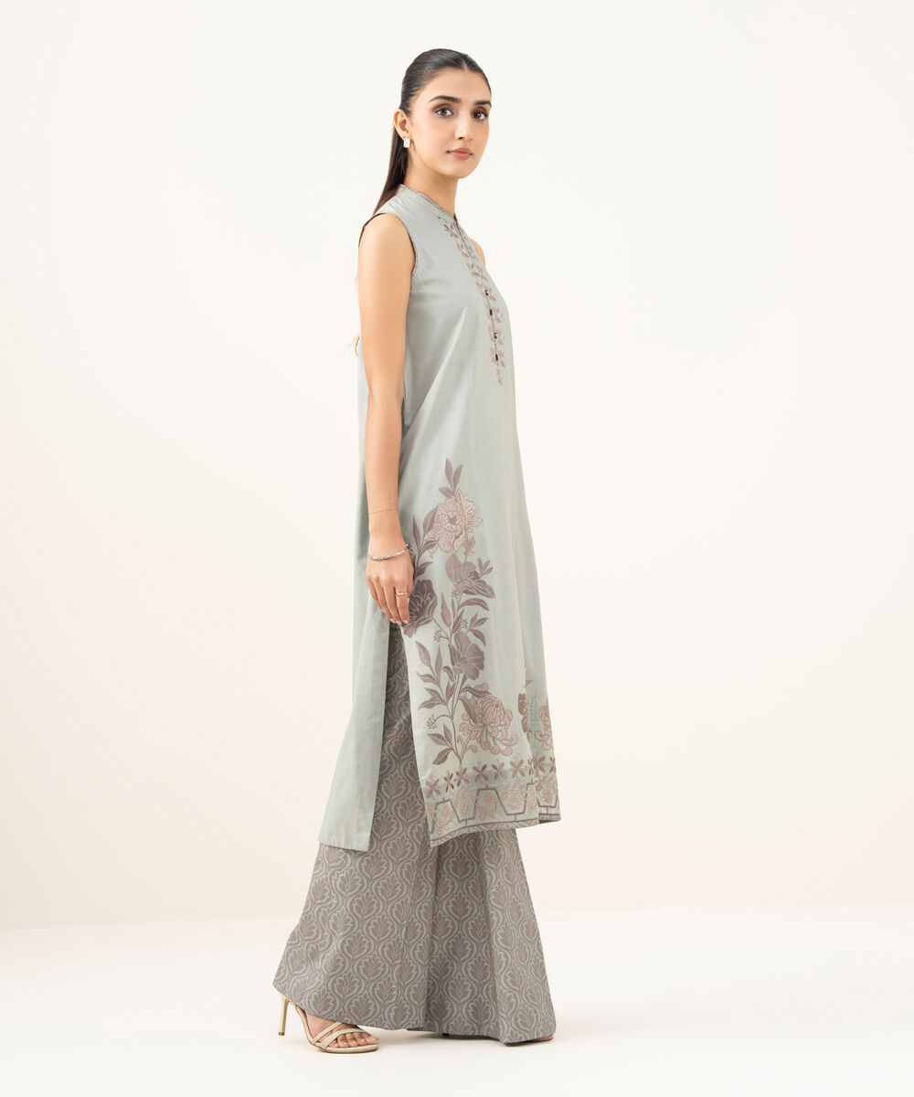 Women's Unstitched Linen Embroidered Grey 2 Piece Suit