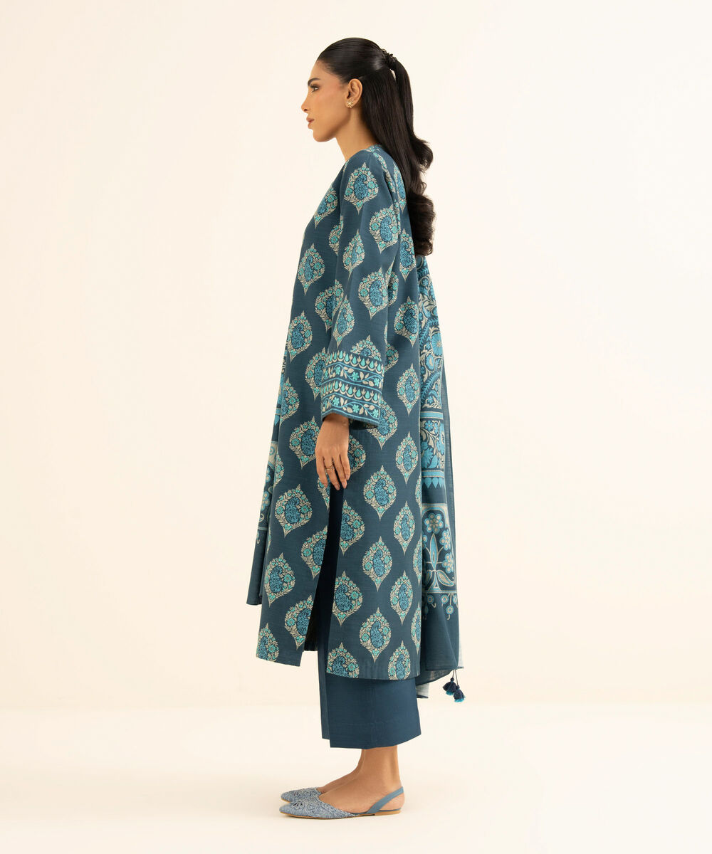 Women's Unstitched Khaddar Printed Blue 3 Piece Suit