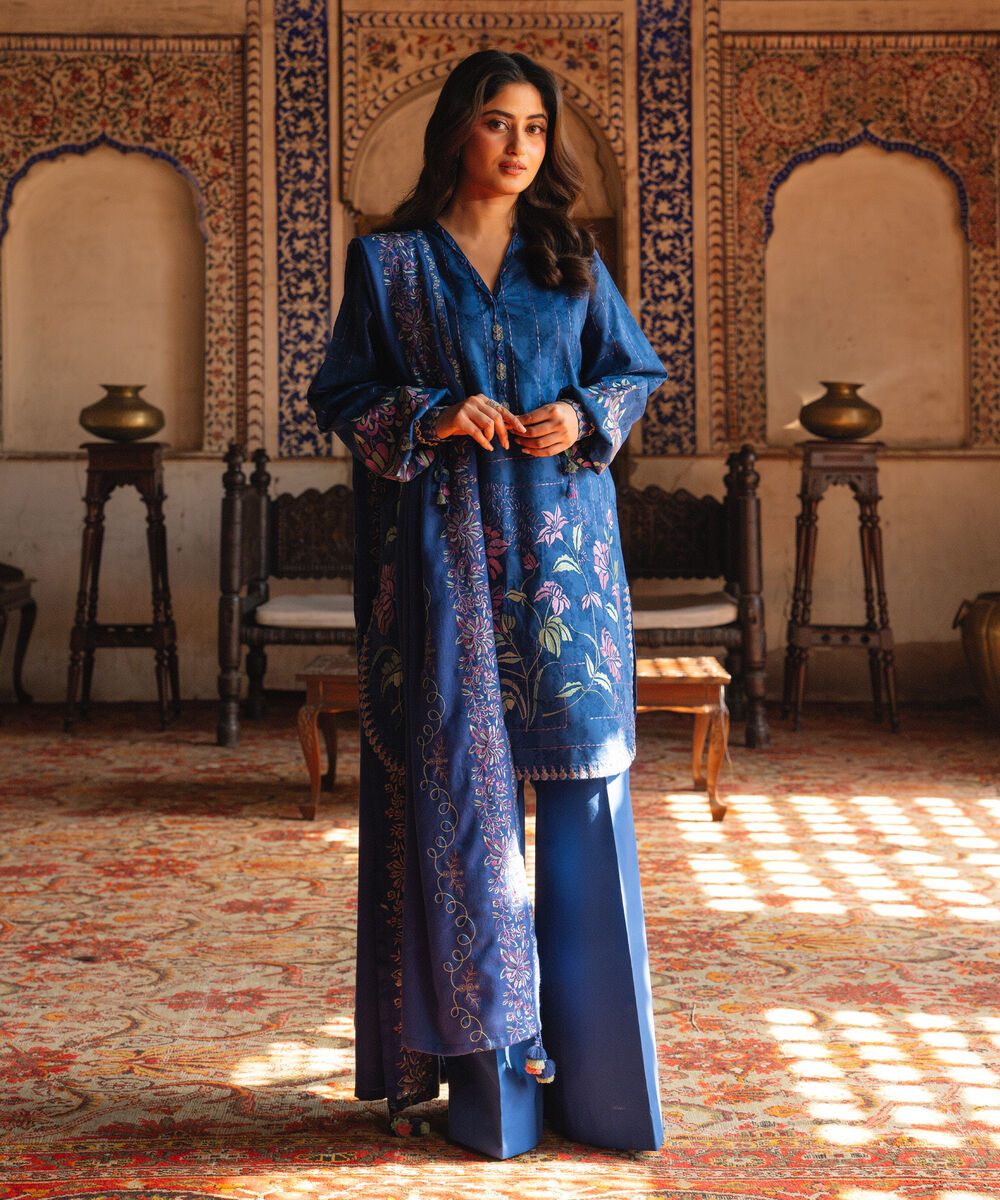 Women's Unstitched Cotton Jacquard Embroidered Blue 3 Piece Suit