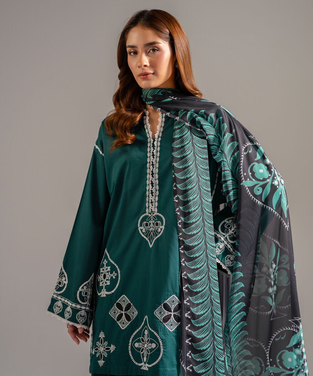 Women's RTW Dobby Embroidered Dark Green 3 Piece Suit