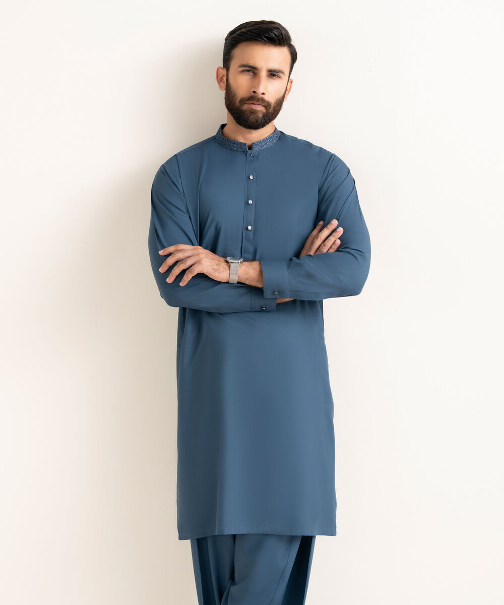 Men's Wash & Wear Embroidered Blue Kurta Shalwar