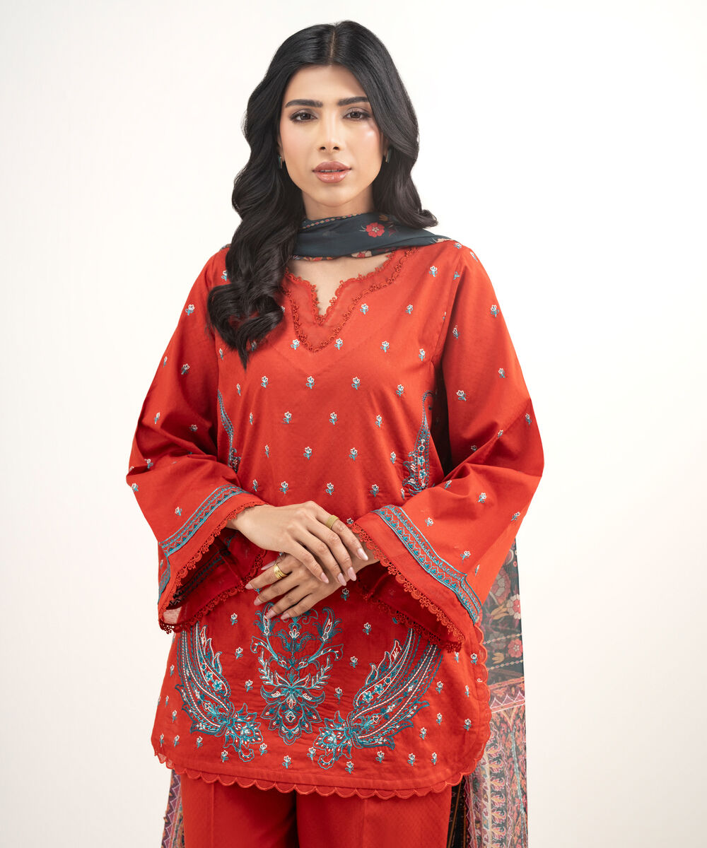 Women's RTW Dobby Embroidered Red 3 Piece Suit