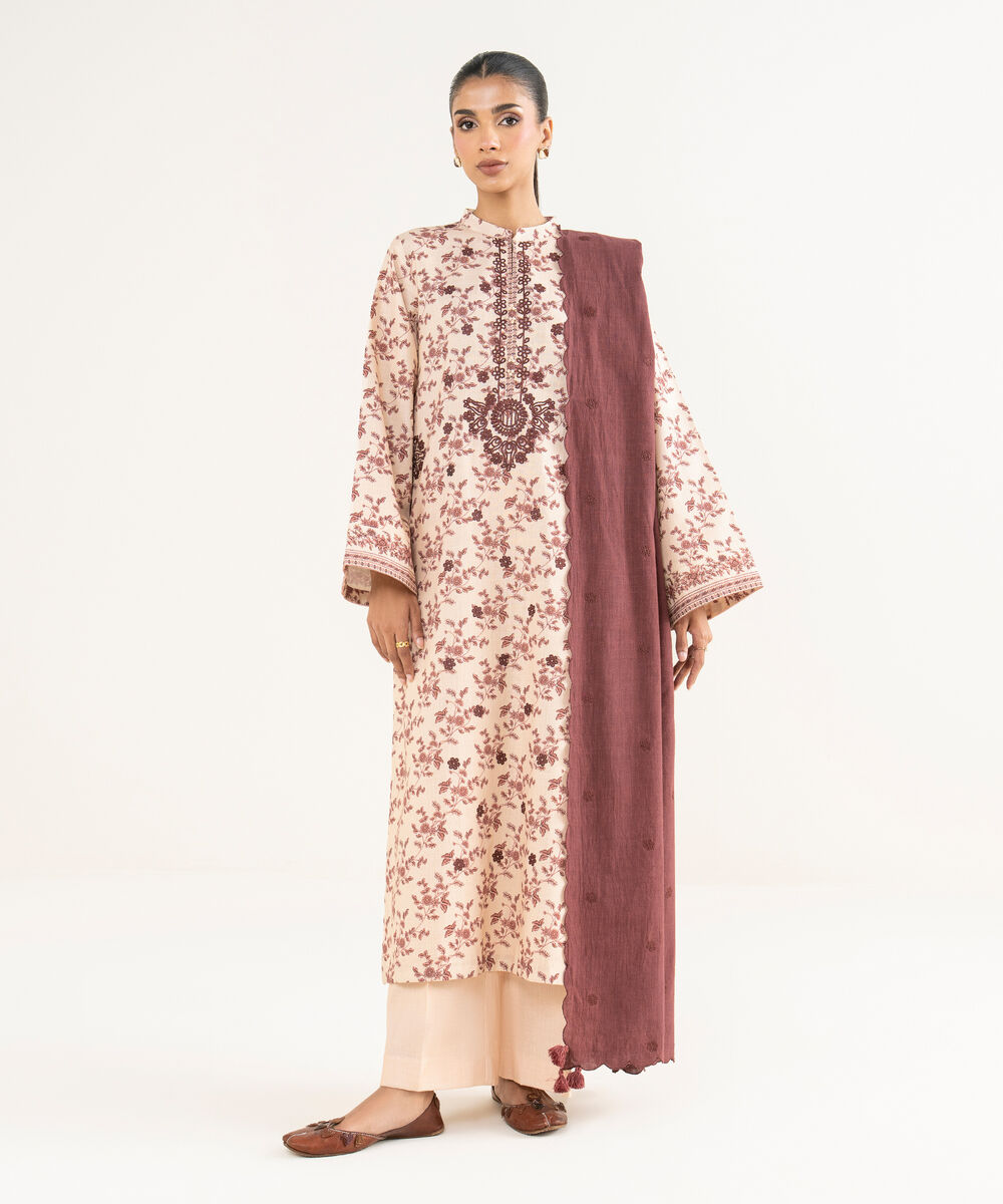 Women's Unstitched Textured Lawn Embroidered Red 3 Piece Suit