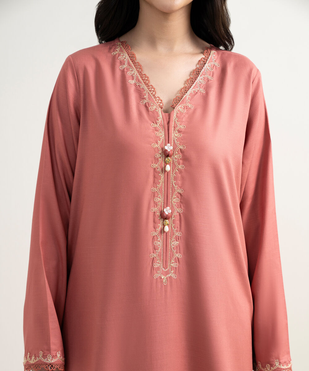 Women's RTW Raw Silk Viscose Embroidered Salmon 3 Piece Suit