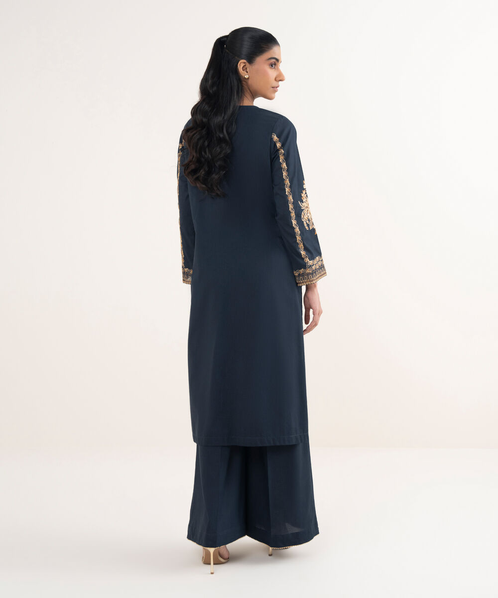 Women's RTW Cotton Viscose Embroidered Blue A-Line Shirt