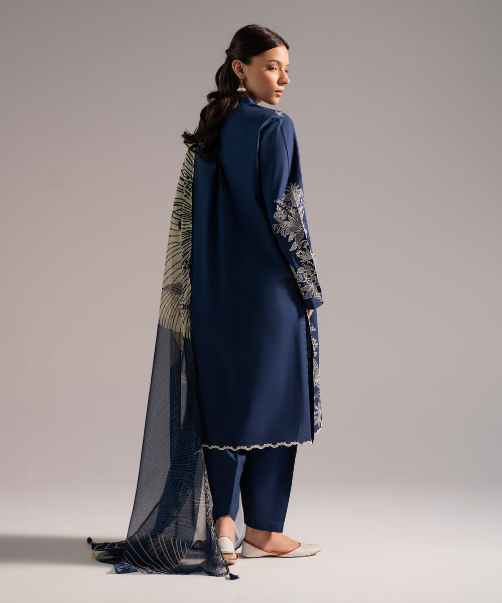 Women's RTW Dobby Embroidered Dark Blue 3 Piece Suit