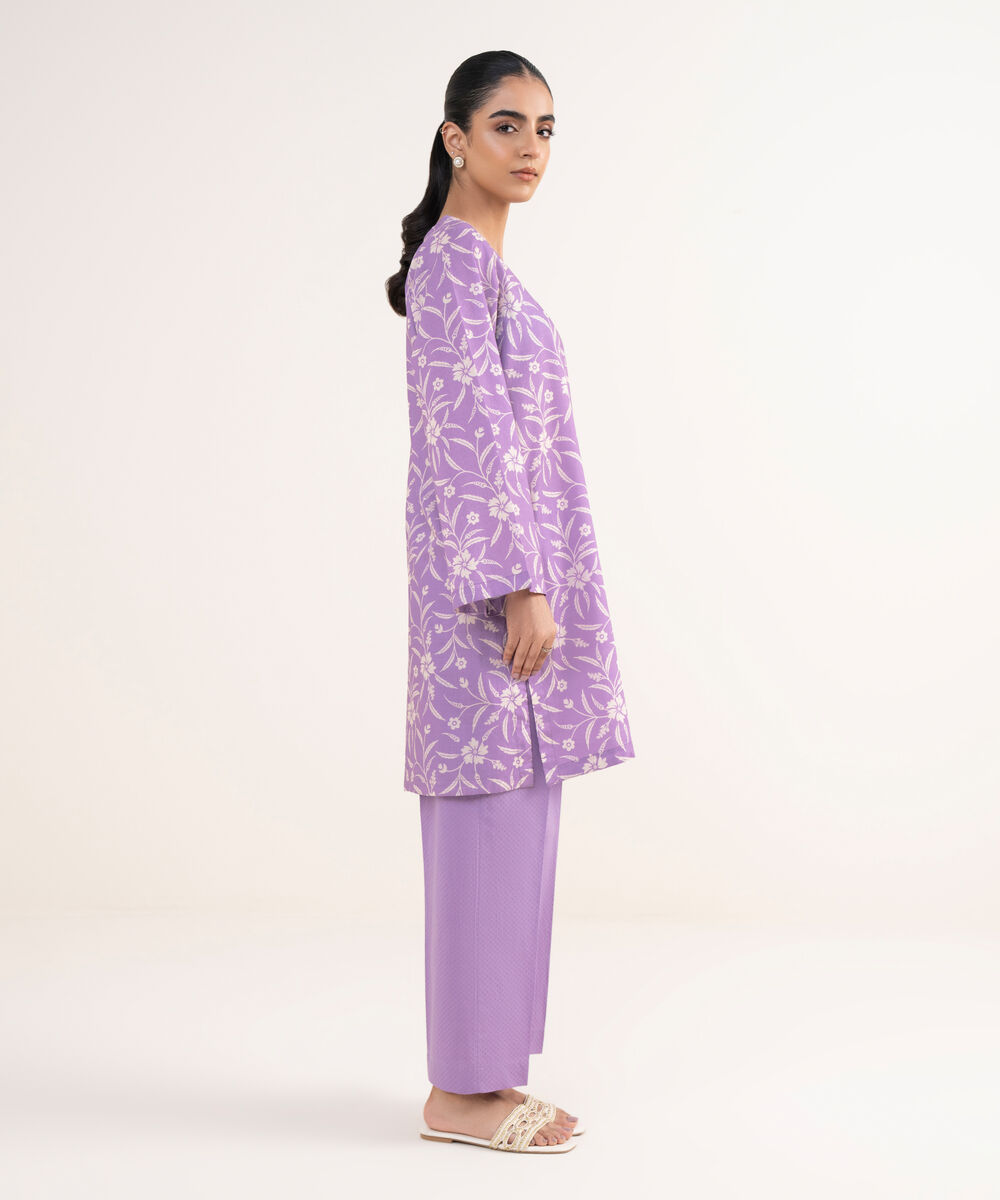 Women's RTW Textured Lawn Purple Embroidered A-Line Shirt