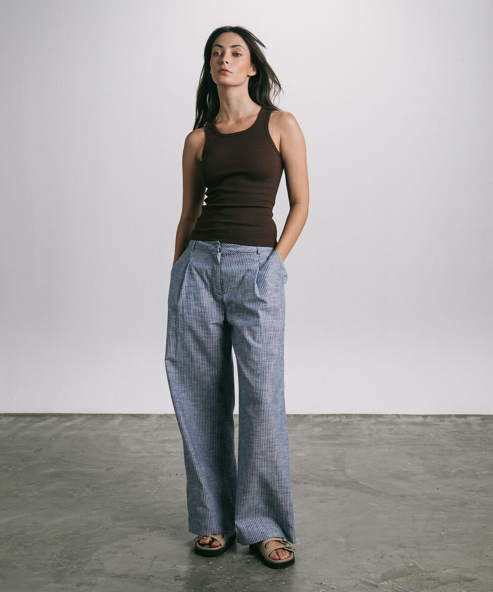 Women's Western Wear Blue Straight Fit Pleated Trouser