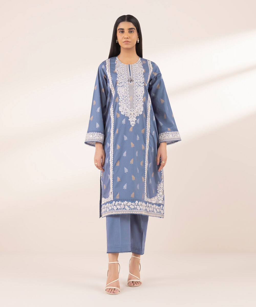 Women's RTW Lawn Blue Embroidered A-Line Shirt