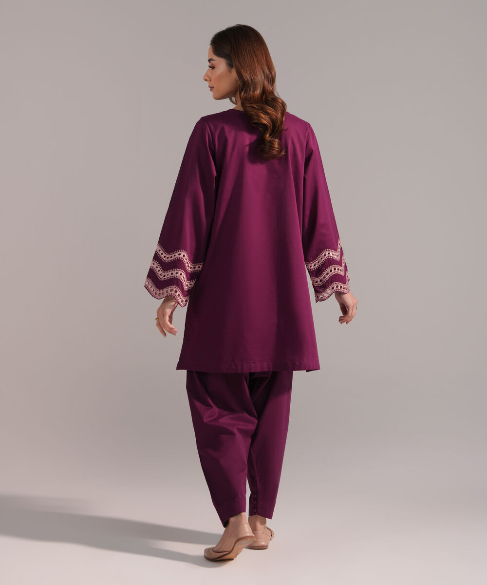 Women's RTW Crosshatch Embroidered Purple Straight Shirt