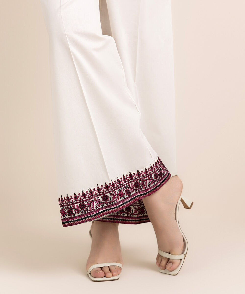 Women's RTW Cambric White Embroidered Flared Pants