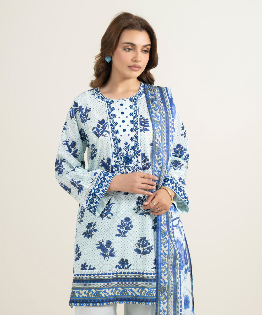 Women's RTW Slub Lawn Embroidered Blue 3 Piece Suit