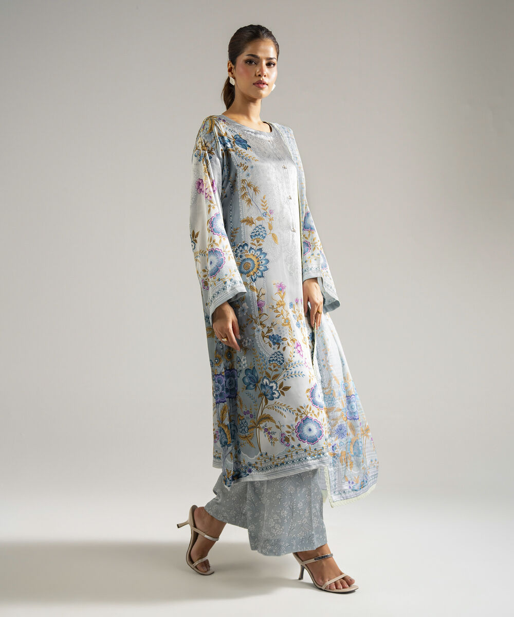 Women's RTW Blended Satin Printed Grey 3 Piece Suit