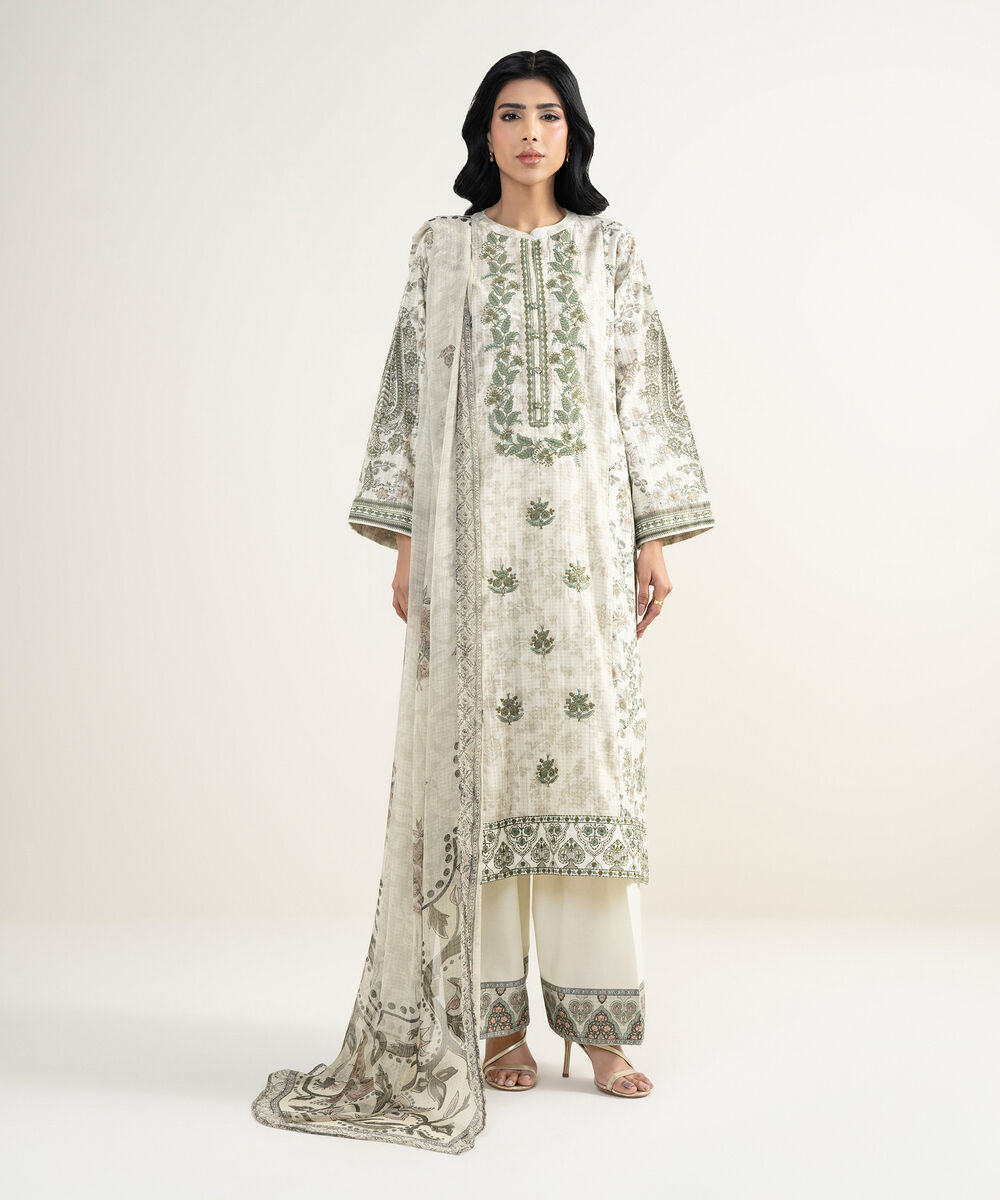 Women's RTW Cotton Embroidered Off White 3 Piece Suit