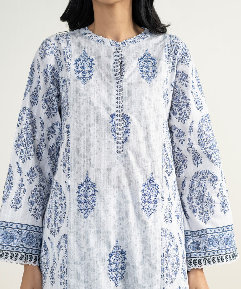 Women's RTW Cotton Embroidered Blue 3 Piece Suit