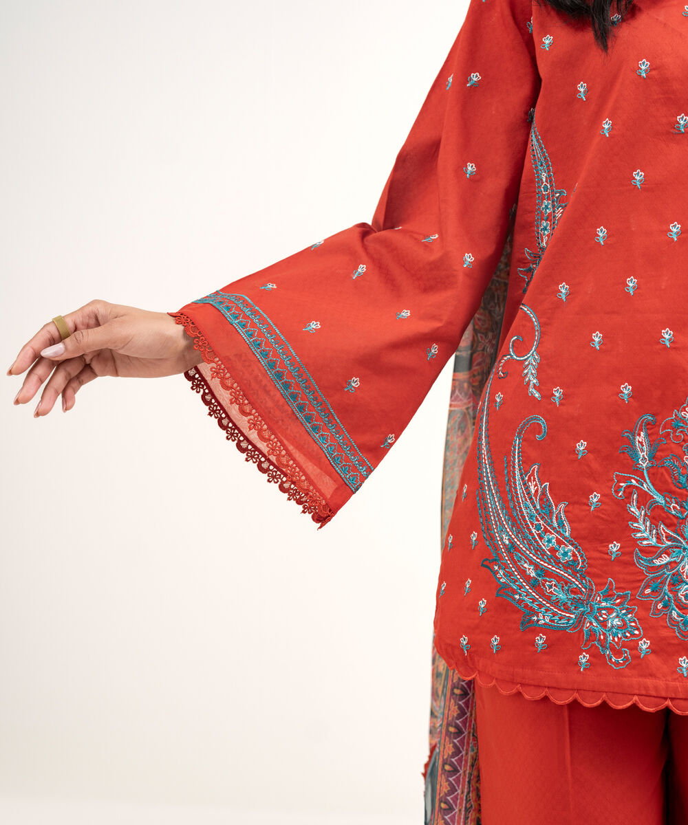 Women's RTW Dobby Embroidered Red 3 Piece Suit