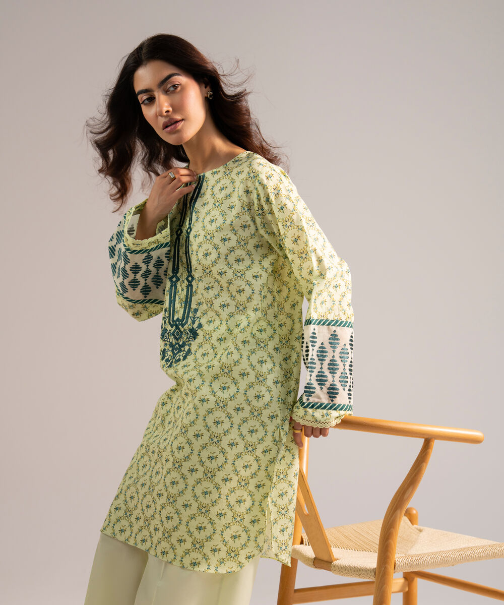 Women's RTW Dobby Embroidered Pale Green Straight Shirt