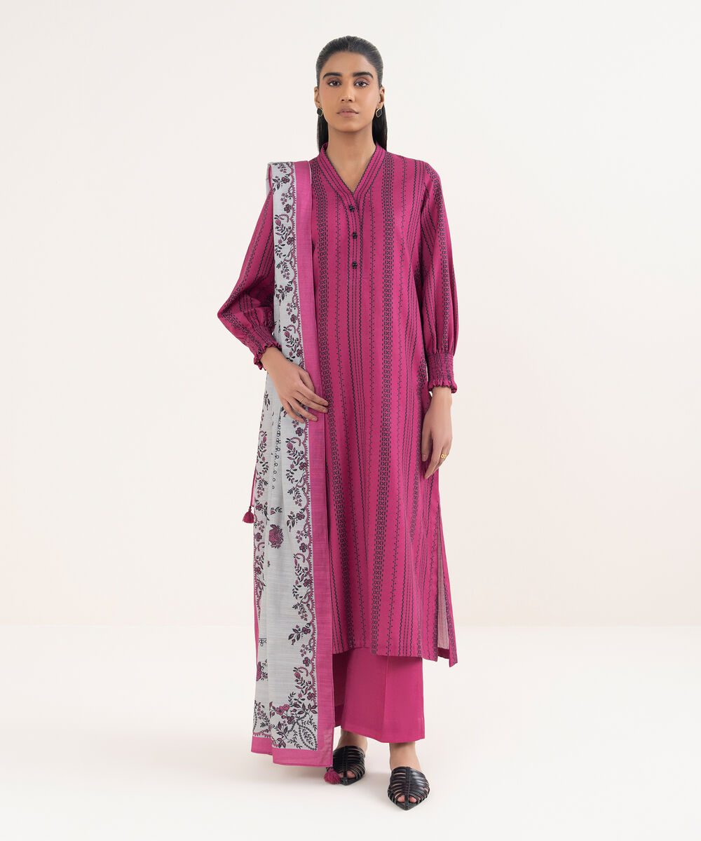 Women's Unstitched Light Khaddar Printed Pink 3 Piece Suit