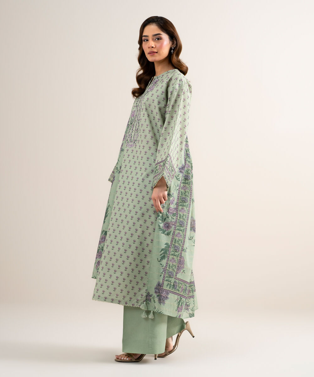 Women's Unstitched Zari Lawn Embroidered Moss Green 3 Piece Suit