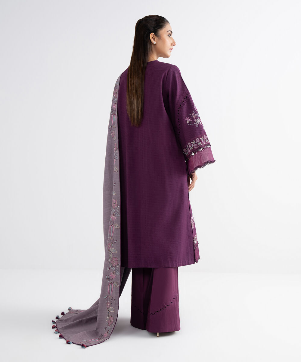 Women's Unstitched Dobby Embroidered Purple 3 Piece Suit