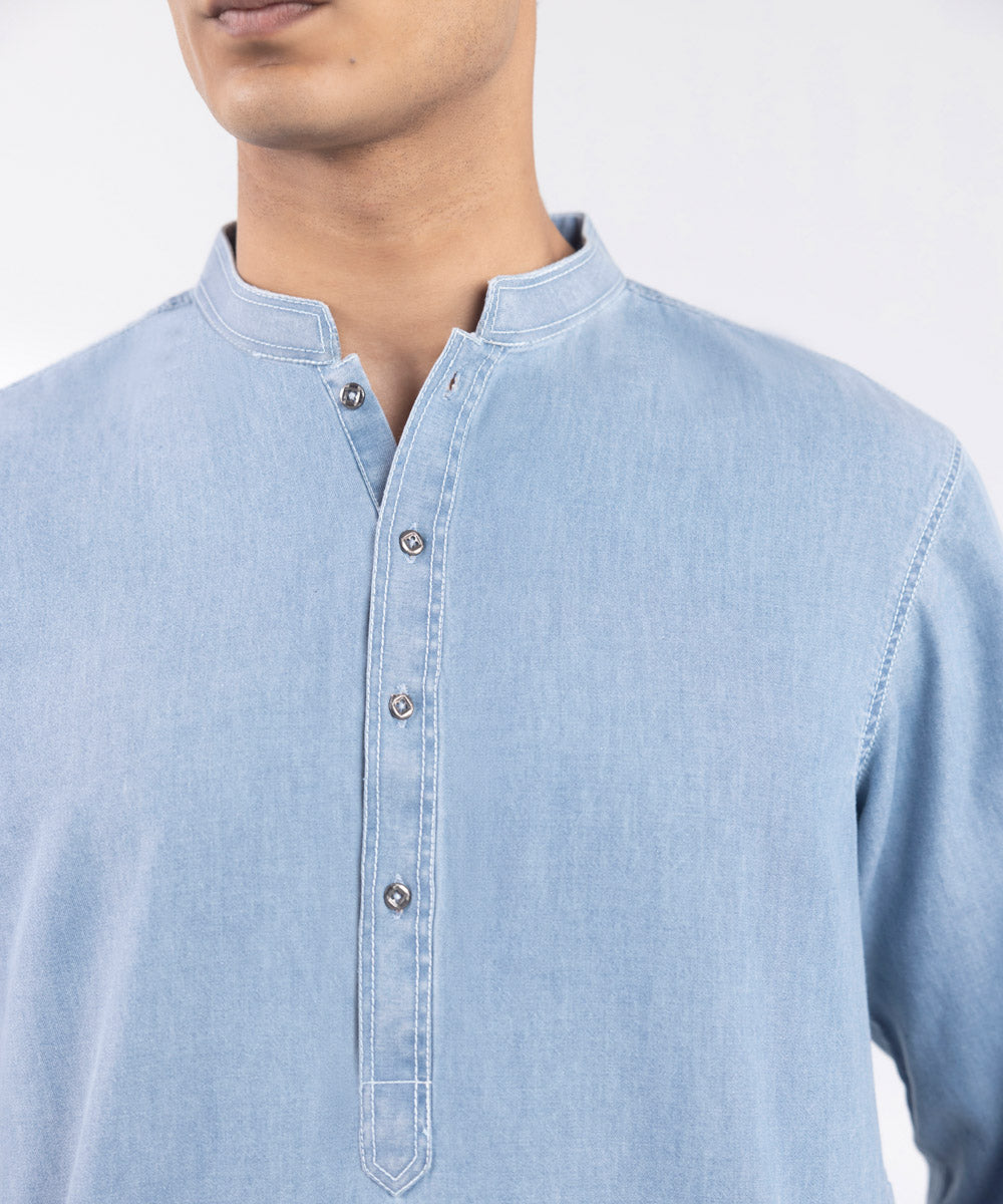 Men's Stitched Blue Kurta